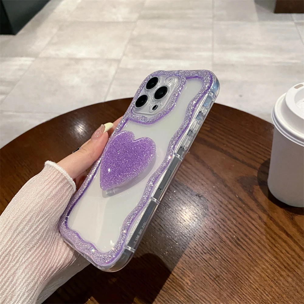 Coque téléphone cœur pailletée avec support pour iphone pro max_voghion.com