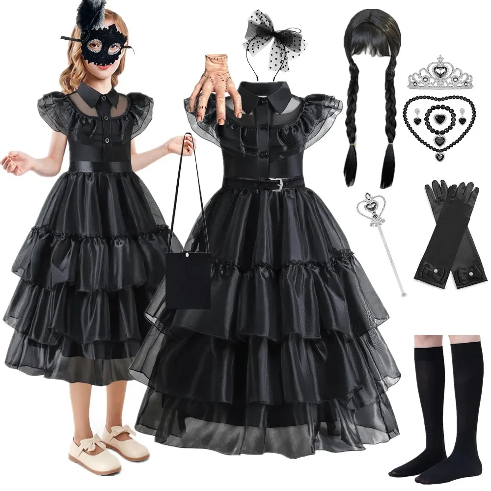 Wednesday Addams Przyjęcie Urodzinowe Kostium Na Halloween Dla Kobiet 2024 Sukienka Dla Dzieci Dziewczynki Księżniczka Przebranie Na Karnawał Peruka R