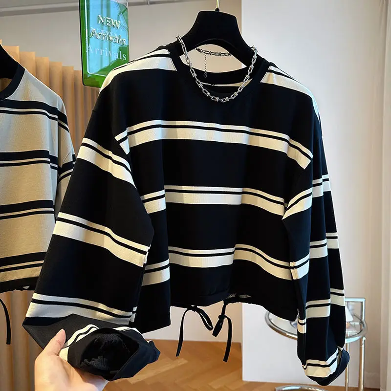 

Plus size Tops Long Sleeve Striped Loose Drawstring Sweatshirts T Shirt Big Korean Dongdaemun Autumn Oversized Women's Clothing