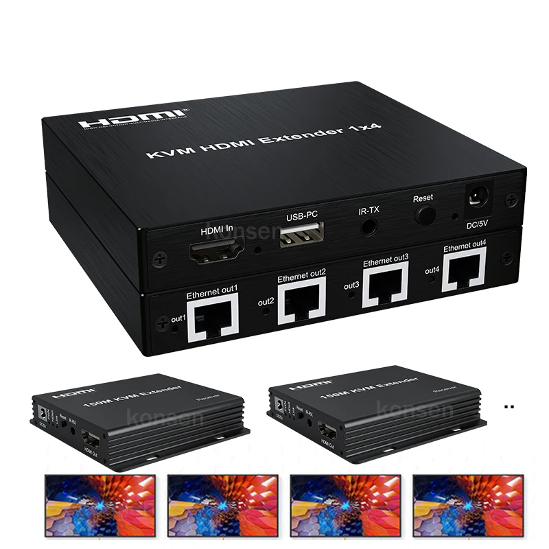 

150M 1x4 HDMI KVM Extender Splitter over Ethernet CAT5e/CAT6 Cable 1 in 4 out 1080P KVM HDMI USB Splitter Extender with 2/3/4 RX