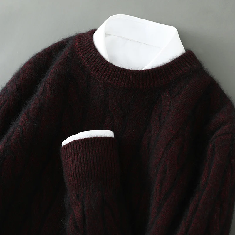 Mens Mink Cashmere Sweater Autumn Winter O-neck Pullover Cable Knit Twist The Flower Soft Warm Korean Tops Knitwear