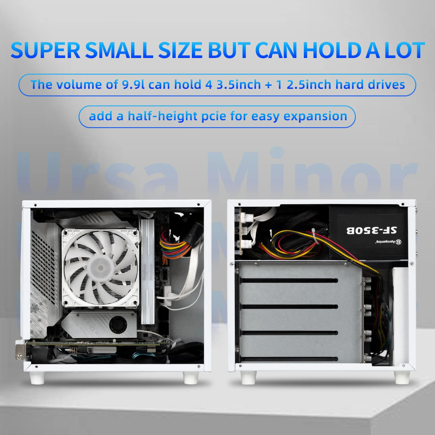 Ursa Minor 4베이 NAS 섀시 SFX 전원 공급 장치 ITX 마더보드, 9.9L 초소형 크기, 70mm 방열판