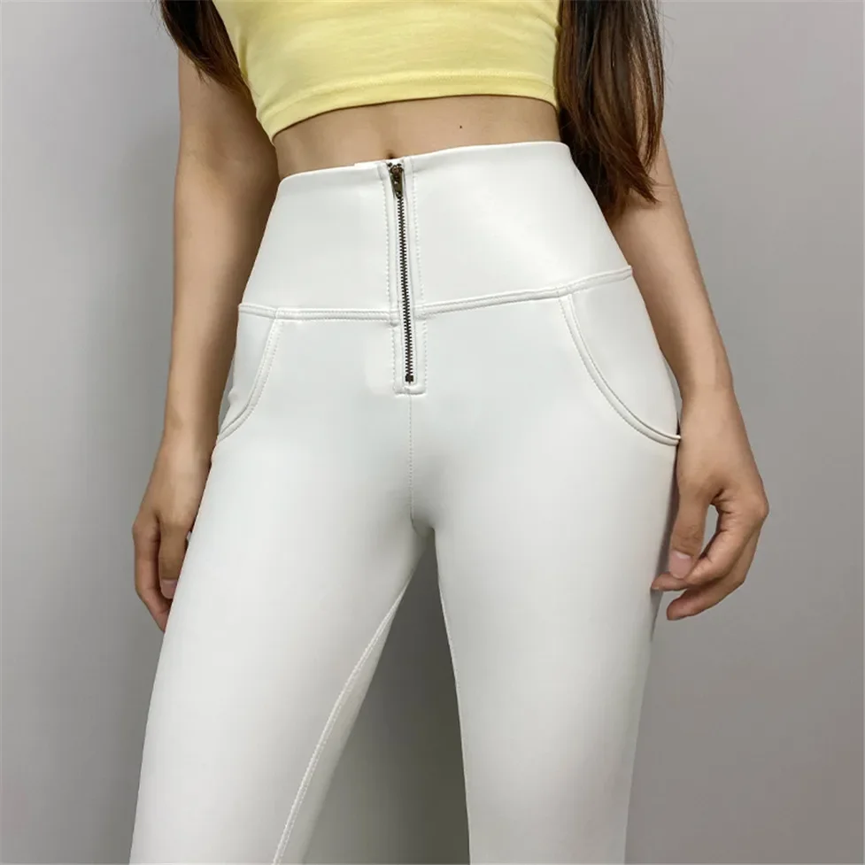 Shascullfites Pu-Hose mit hoher Taille, Wet-Look, Kunstlederhose, weiße, mit Fleece gefütterte Push-Up-Leggings