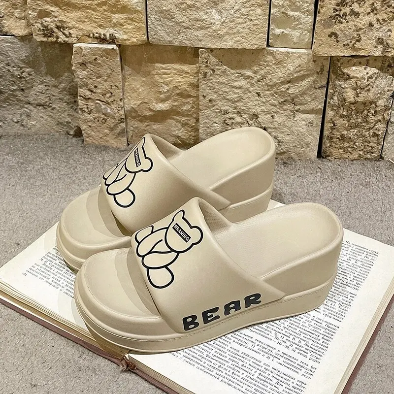 Summer Women's Platform Heeled SlippersLight EVA Slides Shoes Outdoor CasualSlippers Trend Cartoon Bears High HeelsSlippers