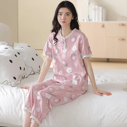 봄 여름 여성 잠옷, 반팔 카프리 바지, 여아 빈티지 홈 의류, 면 루즈 캐주얼 정장 6