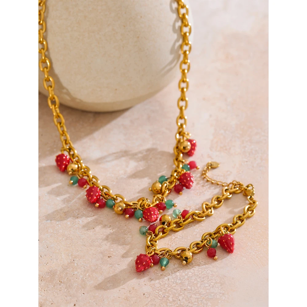 Yhpup Trendy Stainless Steel Red Enamel Stone Strawberry Drop