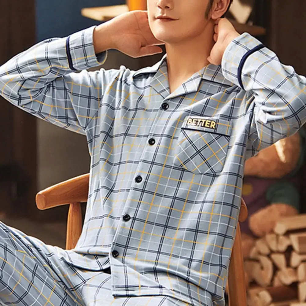 2 Pcs/Set Fall Winter Men Pajamas Set Striped Color Turn-down Collar Men Loungewear Single-breasted Elastic Waist Male Homewear