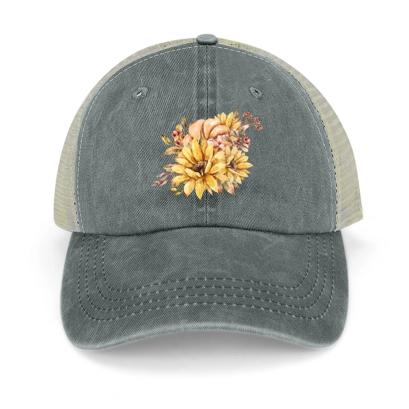 

Elegant watercolor fall pumpkin and sunflower print, autumn flower bouquet illustration Cowboy Hat