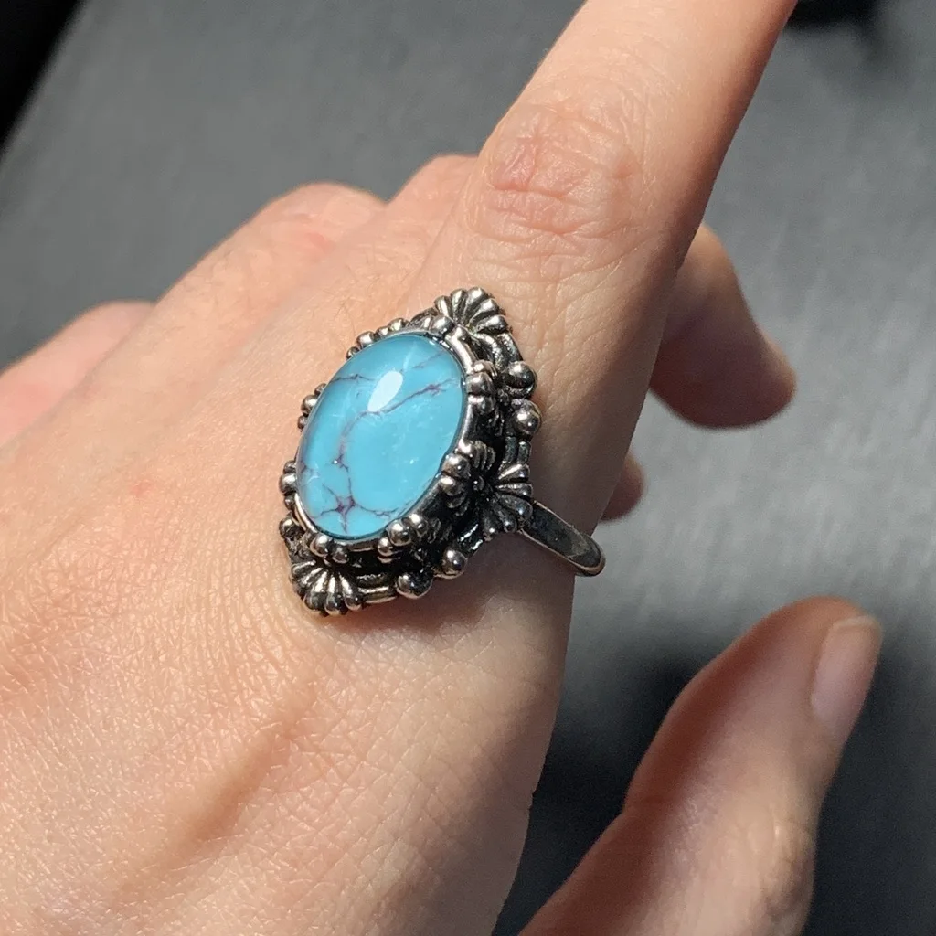 Natural Turquoise Ring Adjustable Female ring Jewelry for Women Gift Wholesale High Quality Vintage Fine