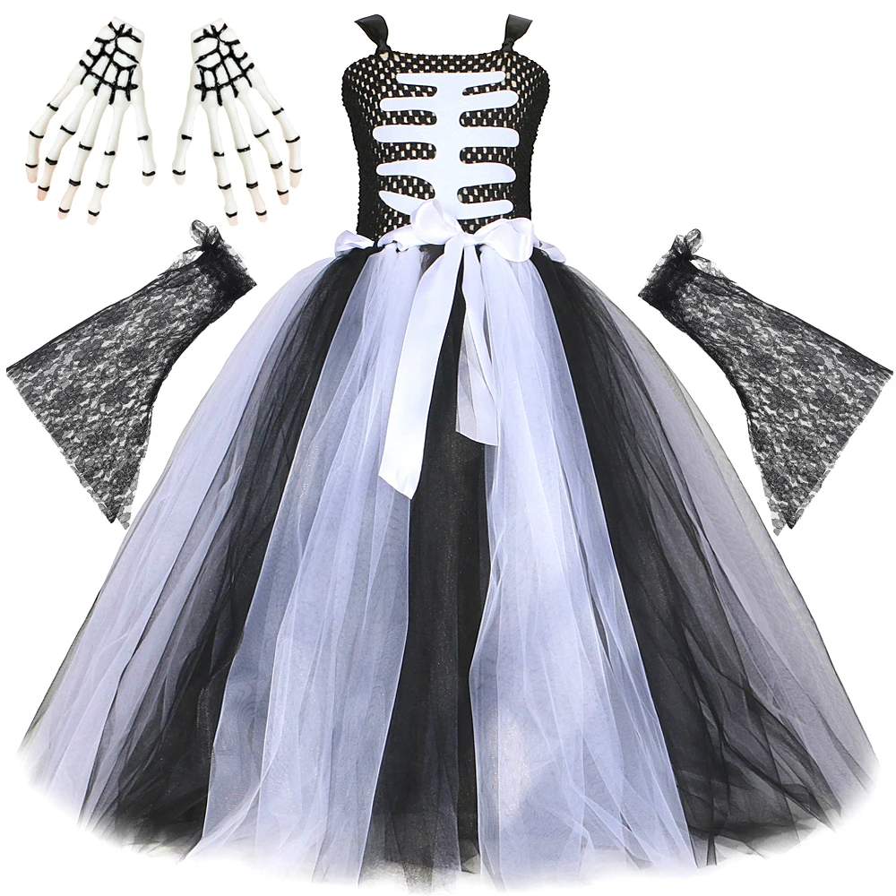 

White Black Skeleton Halloween Costumes Girls Scary Ghost Long Tutu Dress Kids Dead of the Day Carnival Outfit with Lace Sleeves