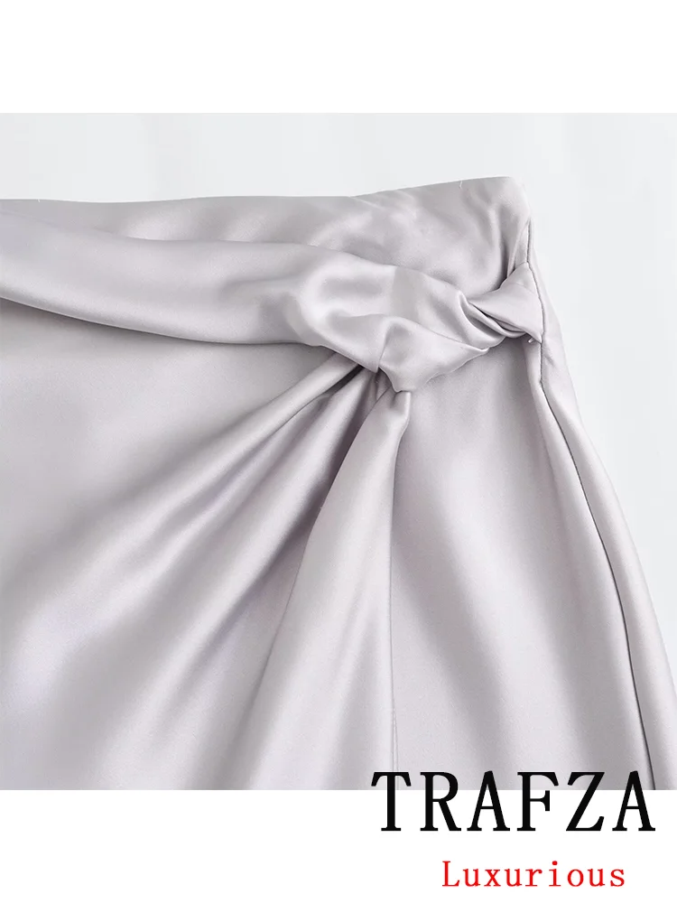 TRAFZA 여성용 빈티지 캐주얼 시크 새틴 세트 솔리드 실버 O넥 셔츠, 롱 스커트, 2024 용수철 여름 실키 세트, 새로운 패션