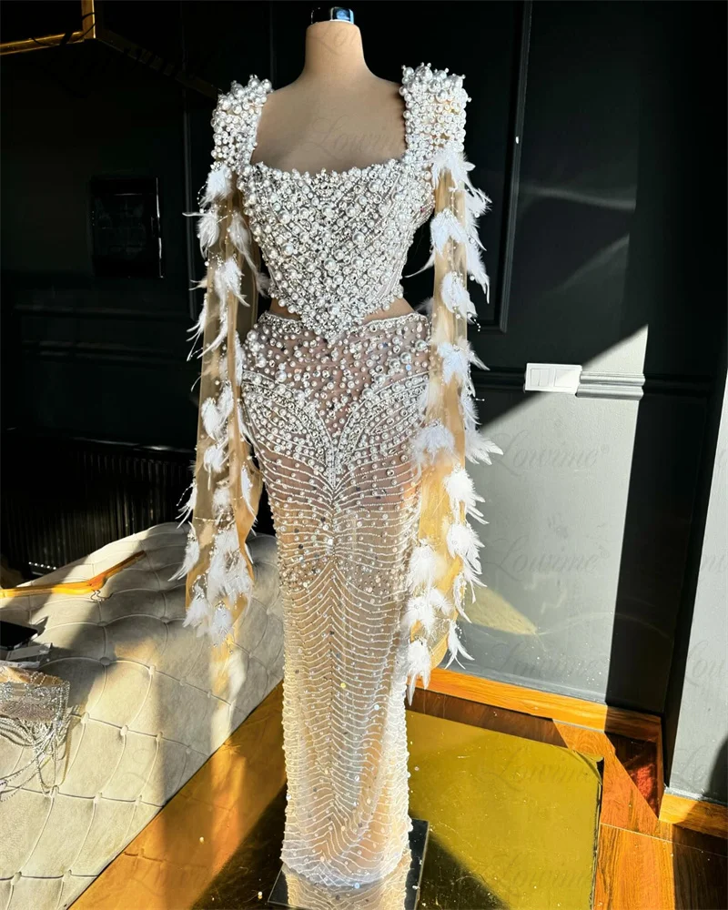 

Dubai Design Full Pearls Beaded Champagne Evening Dress Arabic Long Sleeves Feathers Crystals Prom Party Gowns Robes De Soiree