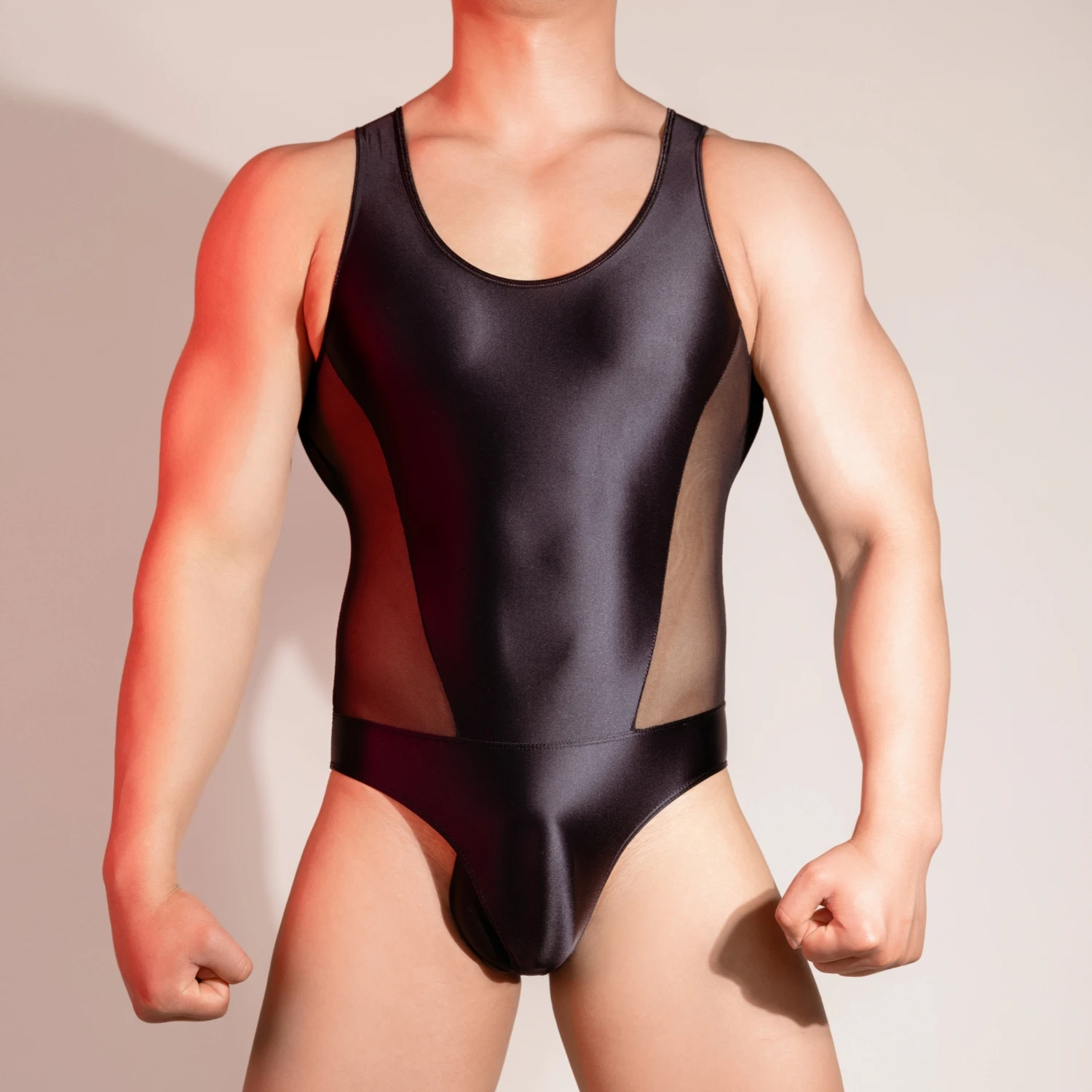 Men Sexy Bodysuit Patchwork Satin Splicing Mesh Soft Stretchy Rompers Breathable Comfortable Playsuits Silky Sleepwear men bodysuits men jumpsuits men lingerie
