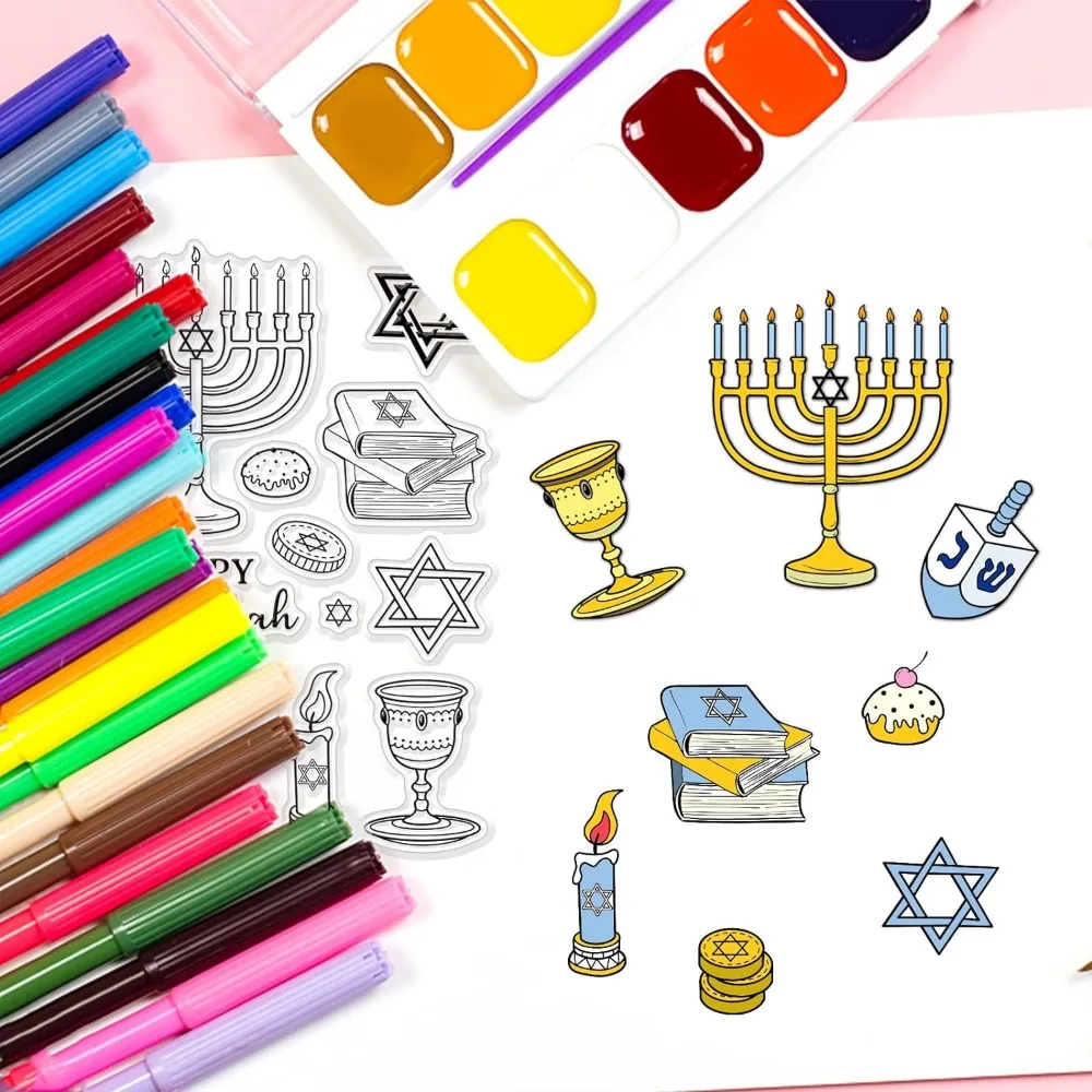 Happy Hanukkah Clear Stamp Candles Gold Coins Silicone Stamp Cakes Books Rubber Stamp Chanukah Transparent Silicone Stamp