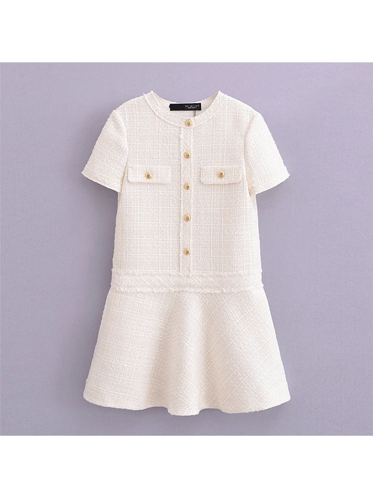 

Elegant Ladies Style Spring Beige Texture Mini Dresses Girls Fashion Gold Buttons Short Sleeve Streetwear Style Short Dress