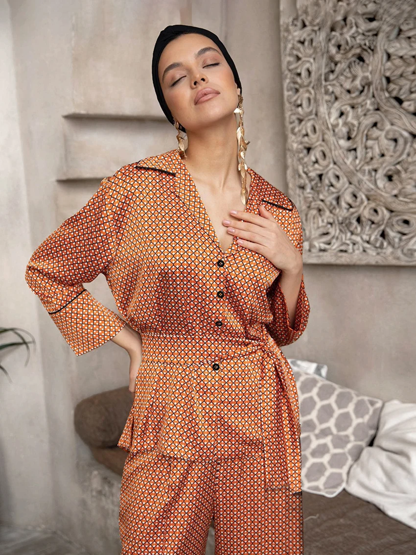 Marthaqiqi Fashion Ladies Pajama Set Turn-Down Collar Nightwear Long Sleeve Robe Lace Up Sleepwear Pants Printing Winter Nightie