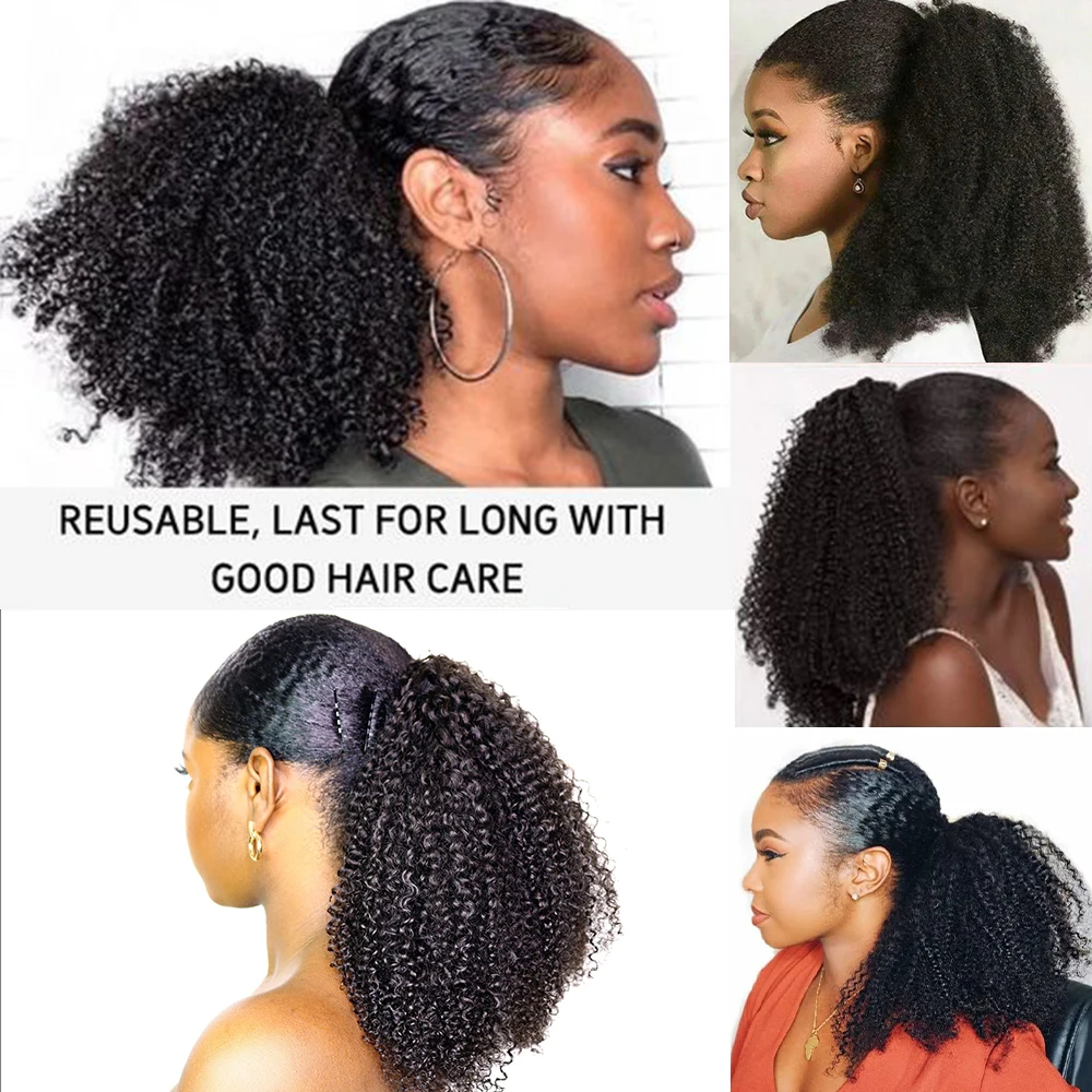 Afro Kinky Curly Drawstring Ponytail Human Hair Extensions 3C 4A Wrap Around Ponytails 10-26 Inch Clip In, human hair extensions