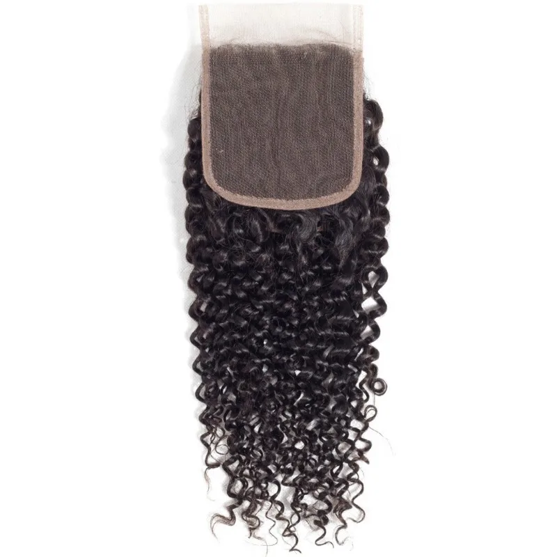 Kinky Curly 4x4 Lace Closure Human Hair Pre-Plucked Natural Color Brazilian Virgin Hair Transparent Lace Closure For Women