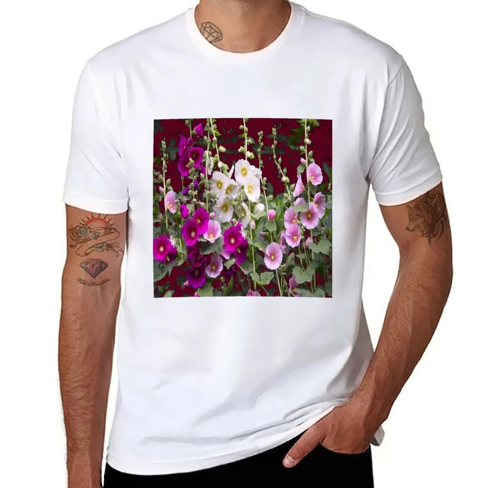 

PURPLE-PINK HOLLYHOCKS FLORAL GARDEN T-Shirt heavyweights summer clothes quick drying oversized t shirts for men