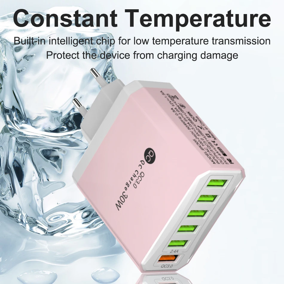 30W 6 in 1 USB Charger QC3.0 Fast Charging Quick Charger For Samsung Xiaomi Mobile Phone Charge Adapter EU/US/UK/KR Plug