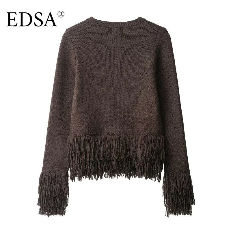 سترة نسائية محبوكة مهدب من EDSA مع زر واحد وأكمام...