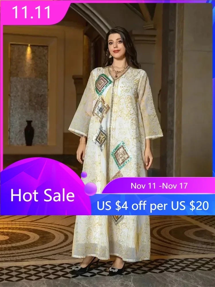 

Dubai Luxury Dress Vintage Sequins Embroidery Abaya Long Sleeve Moroccan Arabic Dresses Muslim Ramadan Jalabiya