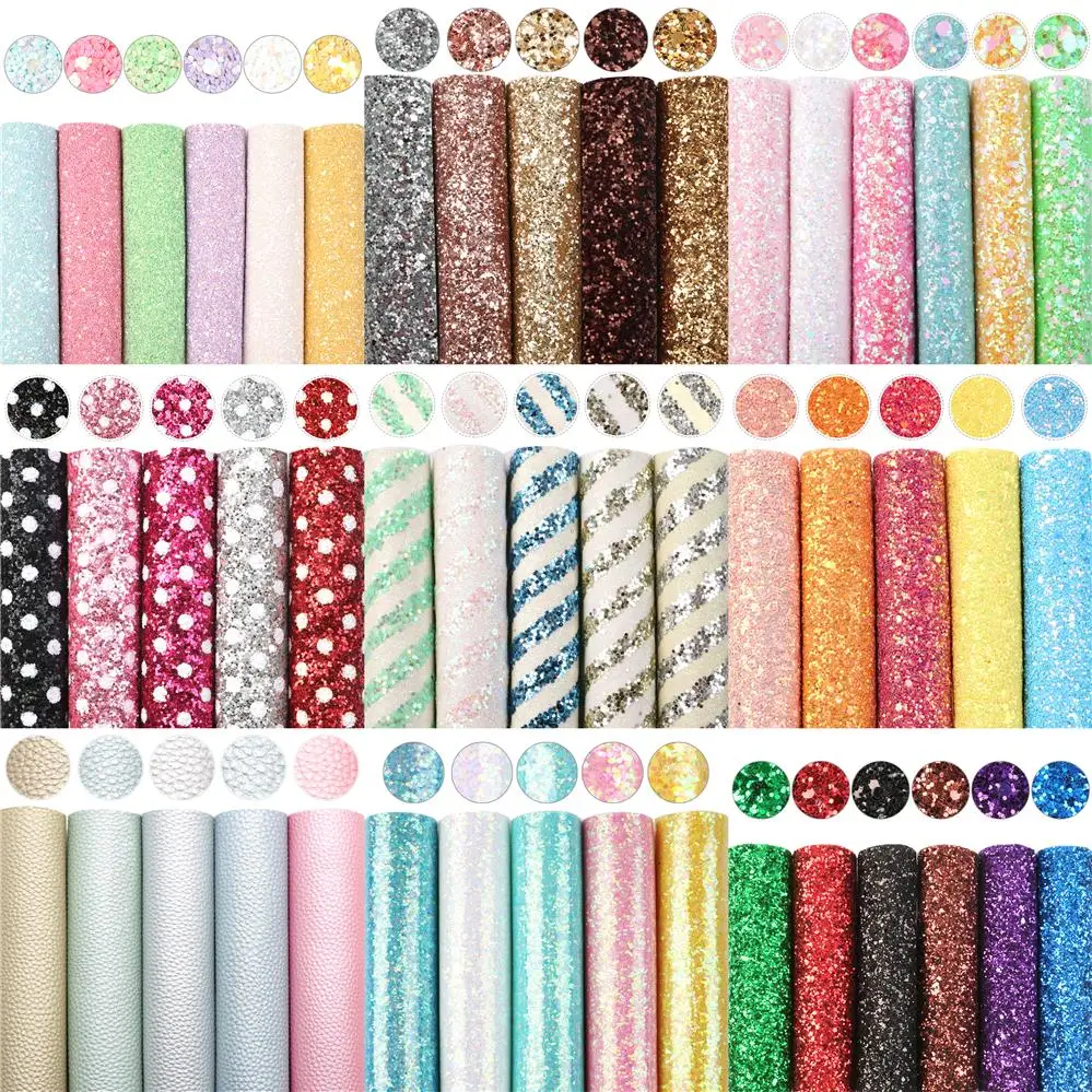 A5 Size 5-8pcs/lot Chunky Glitter Faux Leather Sheets Solid Color Synthetic Leather Fabric Set DIY Earrings Bows Craft,1Yc15424