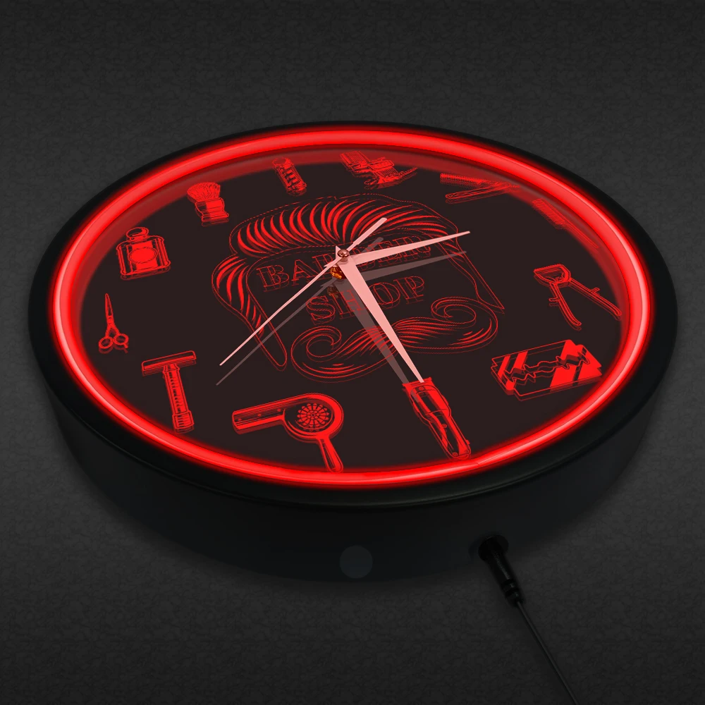 Barber Shop Red Neon Logo Metal Frame Wall Clock for Man Cave Barbering Business Sign Flexible Flex illuminated Neon Wall Clock
