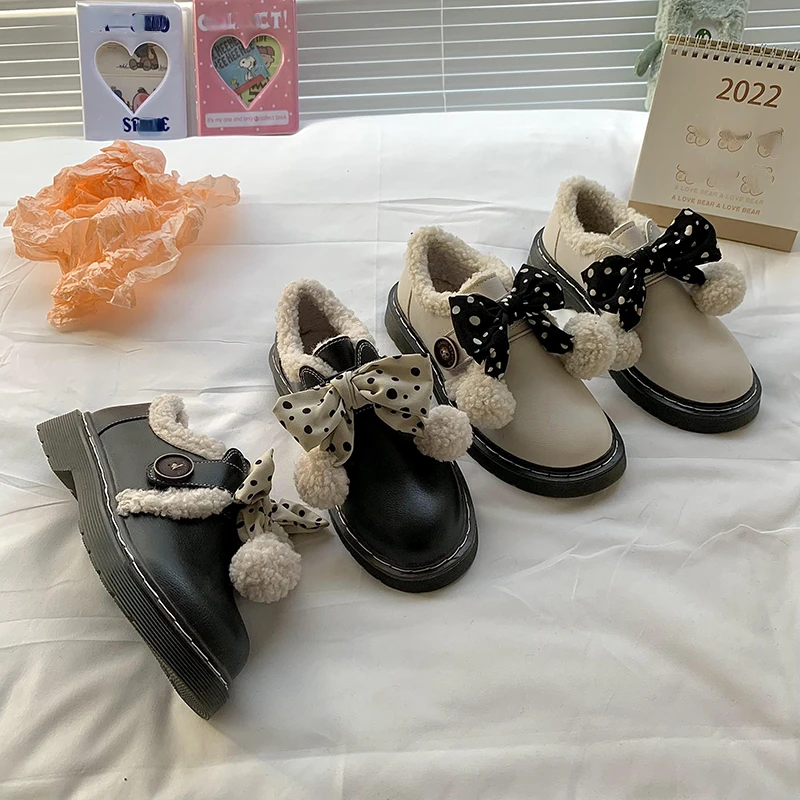 Lolita Sweet Girl Round Head Leather Shoes Winter Plus Velvet Warm Boots Women's Soft Girl Bowknot Kawai Women's Cotton Shoes