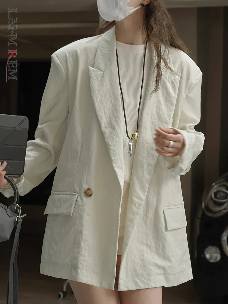 

[LANMREM] Casual Loose Blazers For Women Double Breasted Long Sleeve Nylon Jackets Fashion Coats 2024 Summer New 26D8859