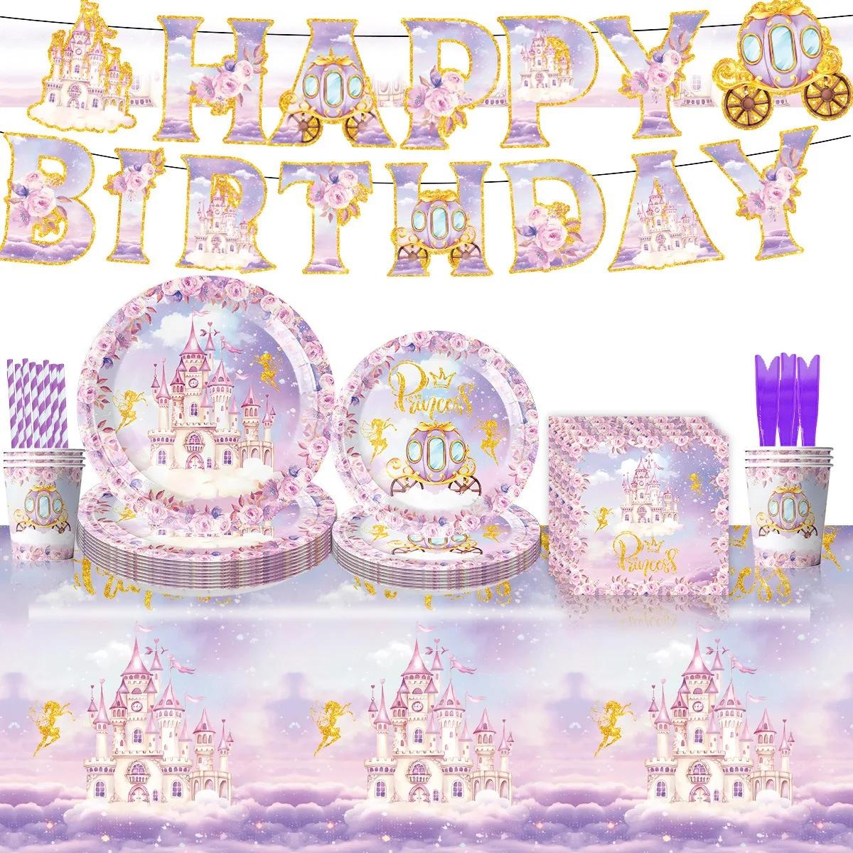 

Pink Castle Party Theme Disposable Tableware Cups and Plates Paper Tablecloth Tableware Set for Girls Birthday Party Supplies