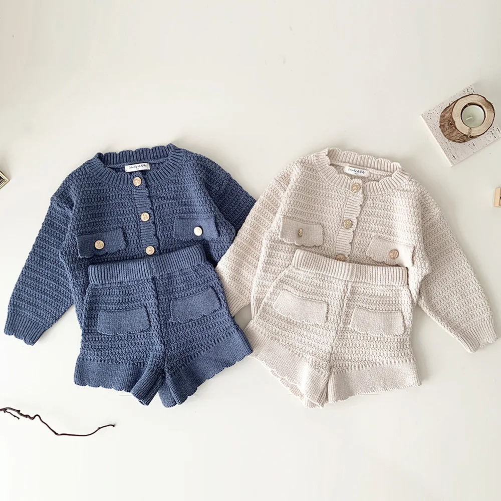 

2023 Autumn Winter Baby Girl Clothing Set 2Pcs Infant Sweater Suit Cotton Knit Warm Long Sleeve Coat +Shorts Bloomer 0-4Years