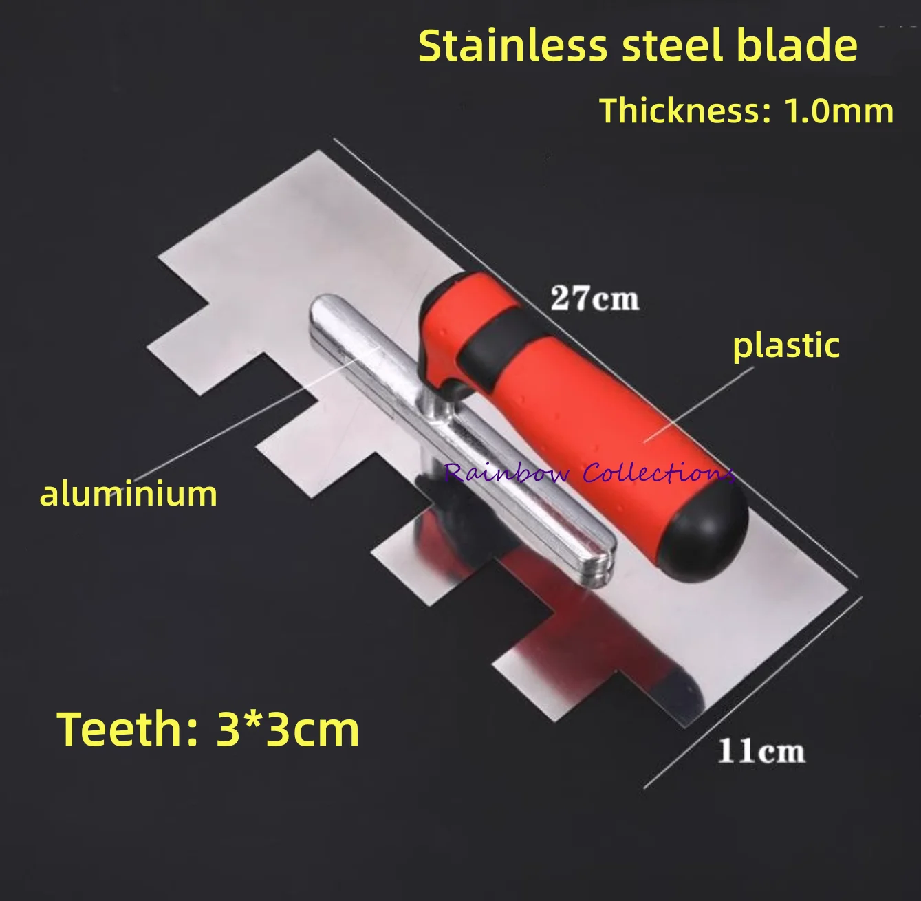 L27*11cm Left Side Teeth 3*3cm Serrated Trowel Trowel Painting Tool Plastering Stainless Steel Tile Tool Spatula Decoration