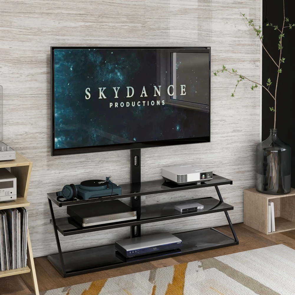 

TV Stand With Tempered Glass Storage Shelves Metal Frame Wire Management Swivel Height Adjustable TV Holder