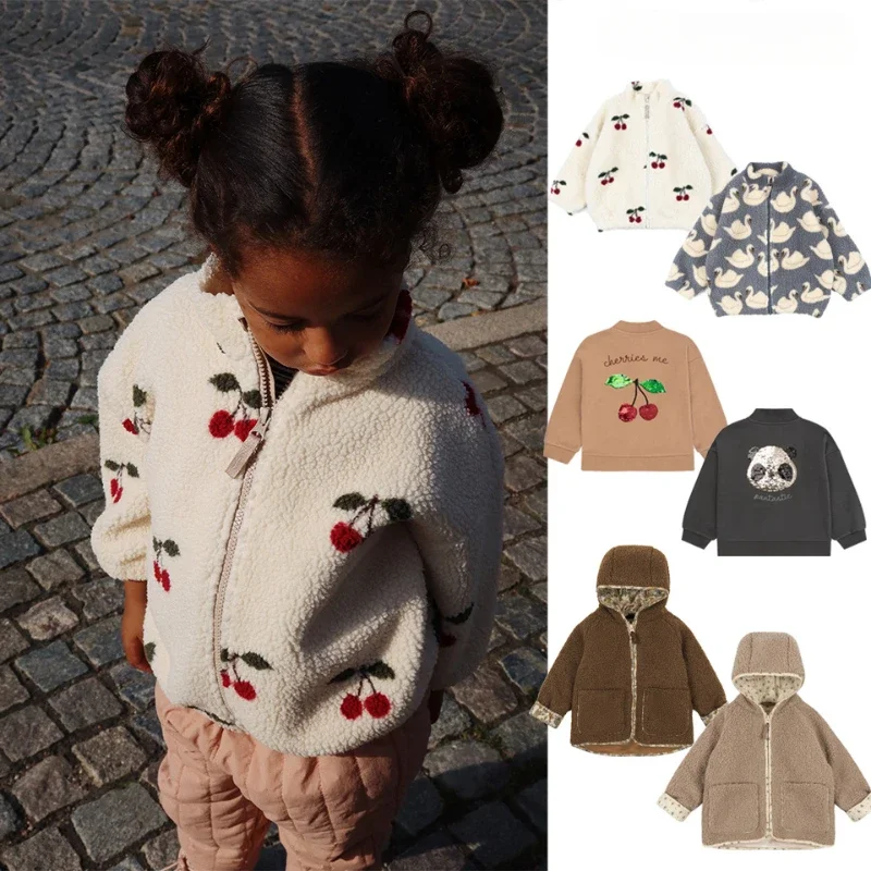 New Ks Winter Overalls for Children Sequins Outerwear Cherry Jacket Warm Thick Outfit Clothing with Hooded Lambswool Coat
