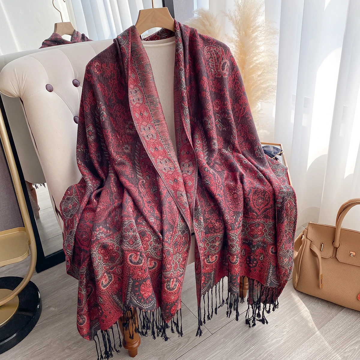 Winter Women's Faux Cashmere Plaid Scarf - Thick Tasseled Printed Pashmina Shawl Wrap, Cozy Neckerchief & Bandana