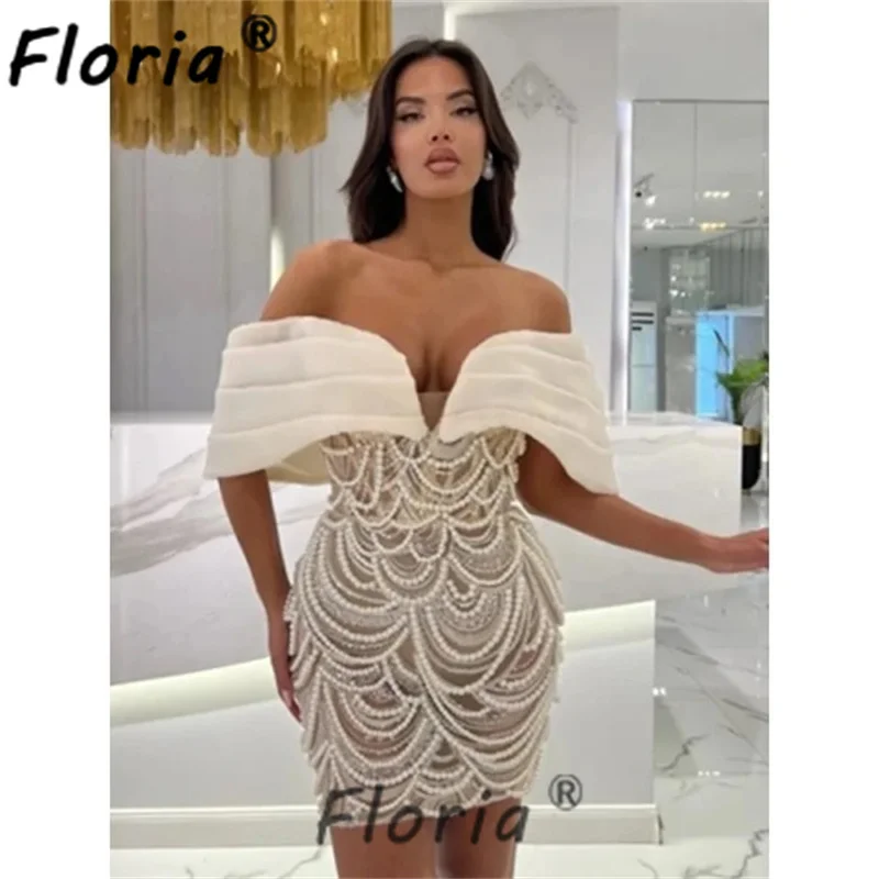 Cocktail Dresses Sexy Fully Tassel Pearls Short Ivory Off the Shoulder Mini Special Party Dress vestidos de coquetel
