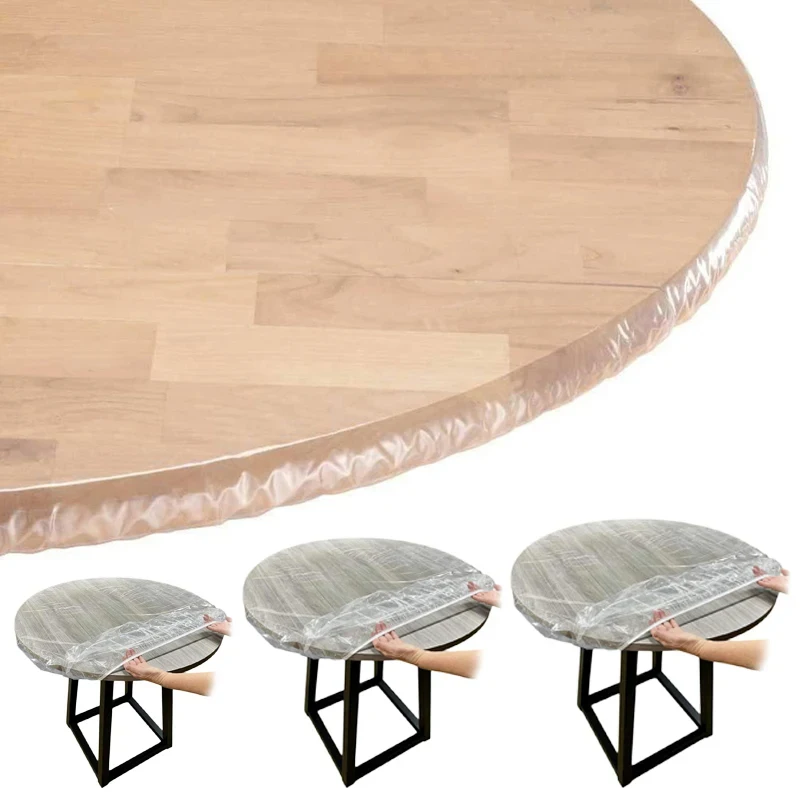 10 Pcs 0.8/1/1.2/1.4M Disposable Fitted Round Tablecloth Transparent Waterproof Oil-Proof Dinning Table Cover Protector Cloth 6