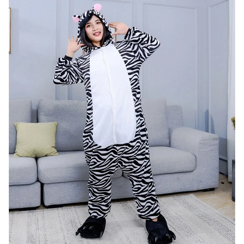 

Family Winter One-Piece Cartoon Zebra Pajamas With Two Pink Round Ears Polyester Warm Slim Fit And ComfortCute Sleepwear Cosplay