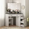 Corner Vanity Desk with Tri-Fold Mirror and Adjustable Light,Power Outlet, 3 Drawers, Sliding Cabinet, Open Shelves for Bedroom 1