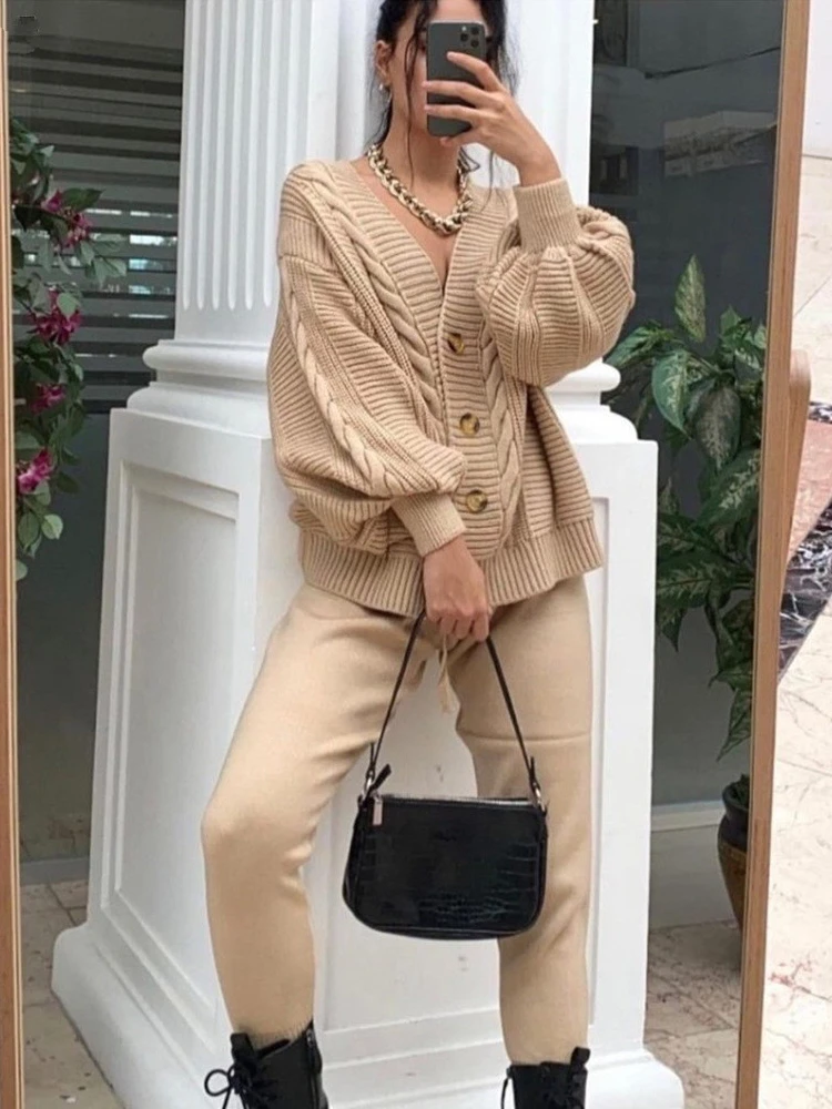 

Women Knitted Sweater Suits 2 Pieces Sets Casual Botton Single Breasted Cardigan High Waist Ankle Length Pencil Pant Winter Sets