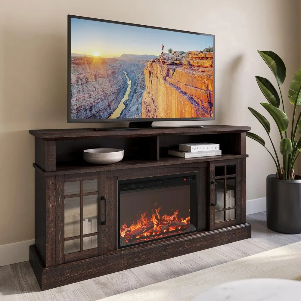 

TV Stand with 23" Electric Fireplace Heater, Media Entertainment Center Console Table for TV up to 65" with Cabinets