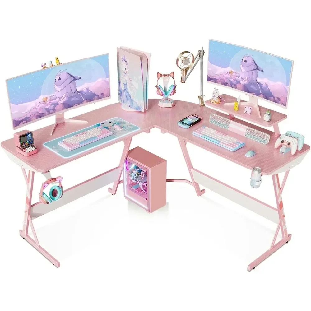 

Pink L Shaped Gaming Desk, 51 Inch Gamer Desk Gaming Table with Carbon Fiber Texture, Corner Computer Desk L Shape