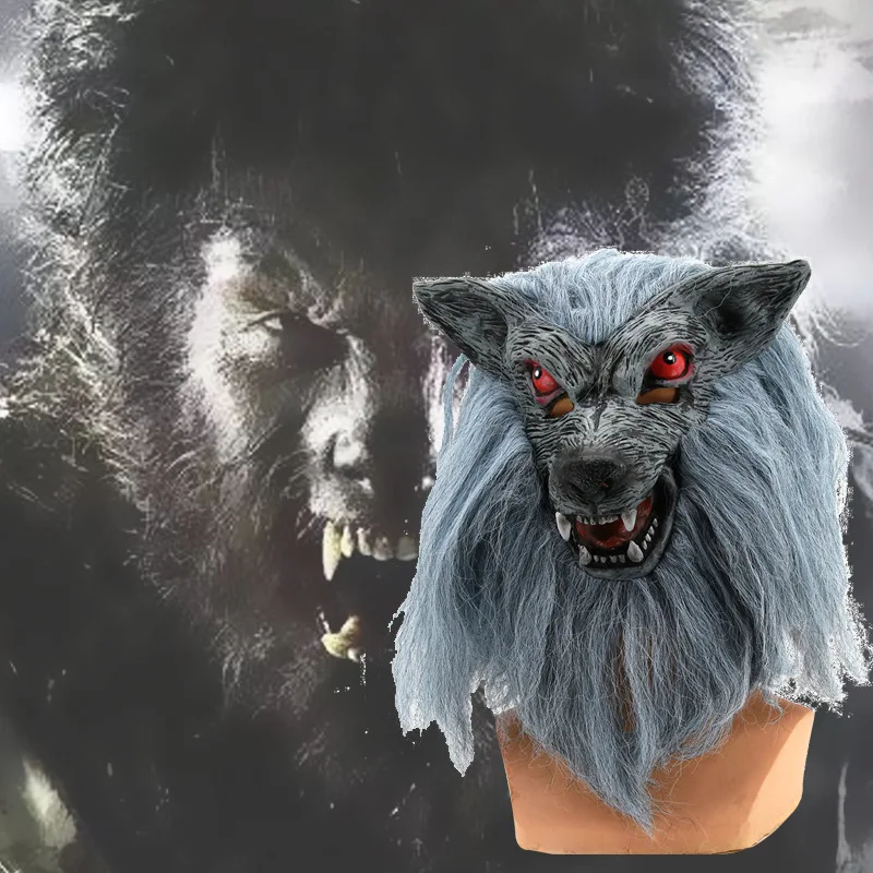 Werewolf Wig Mask Cosplay Horror Anime Realistic Wolf Latex Helmet Full Face Headgear Halloween Masquerade Party Costume Prop