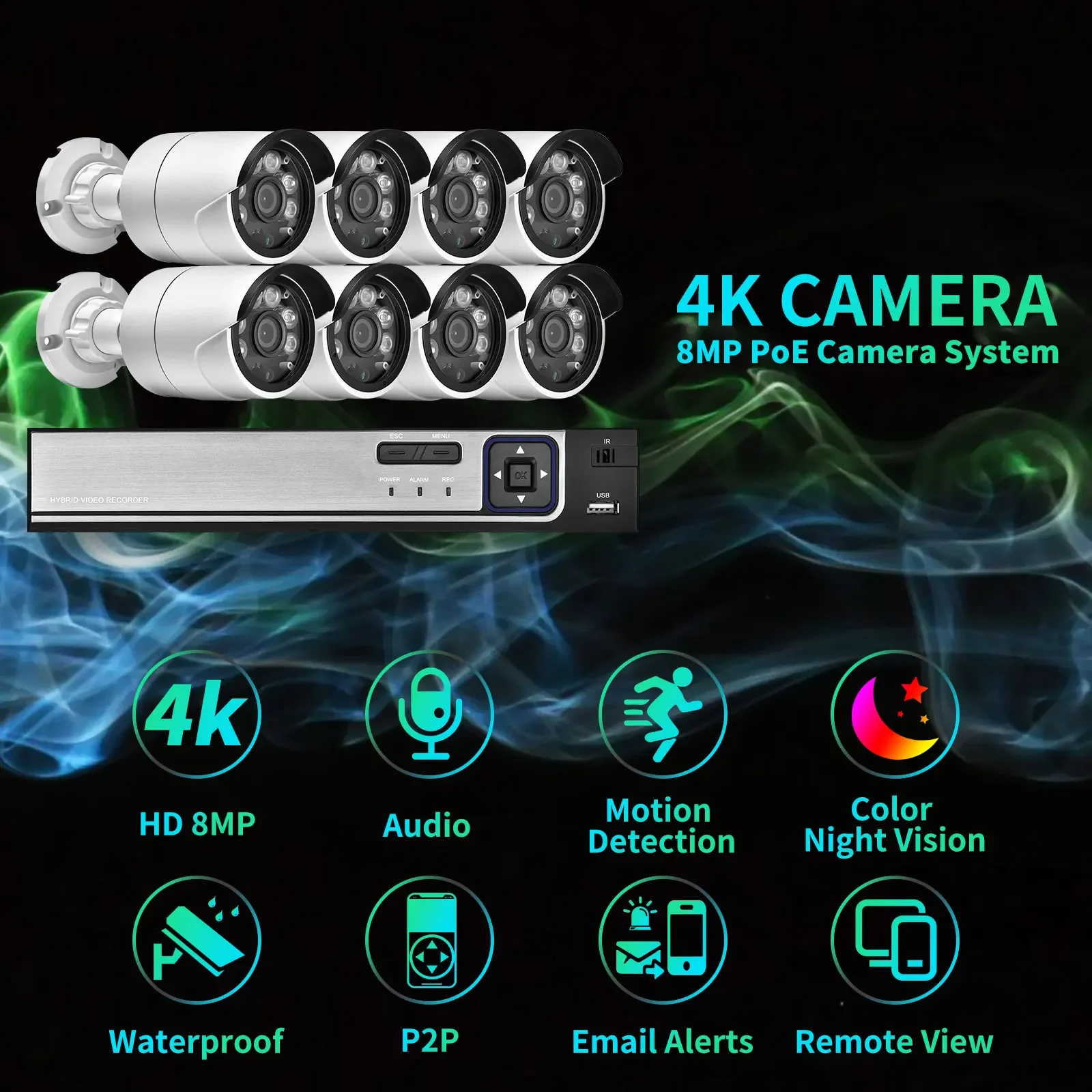 모션 감지 컬러 나이트 비전 보안 카메라 시스템, 8CH POE NVR 비디오 감시 키트, P2P IP 카메라, 4K 울트라 HD, 8MP