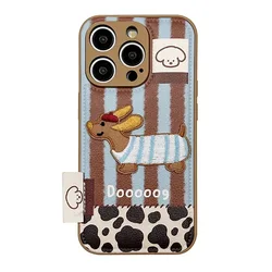 Charming Embroidered Puppy Dog Leather Drum Bag Case - Shockproof Phone Back Cover - iPhone 15 (01)