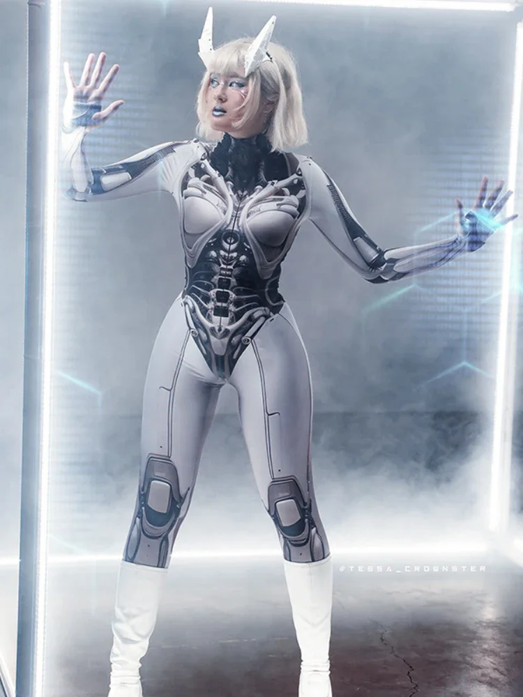 3D Printed Cosplay Bodycon Jumpsuits Y2k Techwear Long Sleeve Gothic Punk Playsuits Anime Women Mock Neck Zip Bodysuit