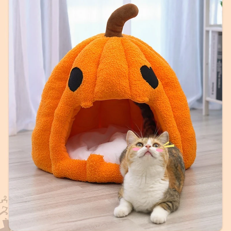 3374-2d3c94.jpg 1PC Halloween Pet Nest Warm and Comfortable in Winter Semi Enclosed Pet Bed Christmas/Thanksgiving Halloween Plush Dog/cat House