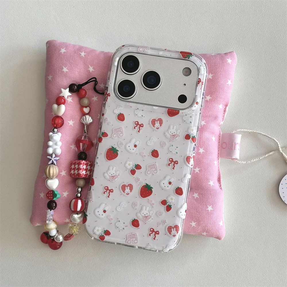 Cute Strawberry Rabbit Phone Case For iPhone 17 14 15 Pro 16 Pro Max Cover with Polka Dots Cartoon Shockproof Fundas with Hinge 2