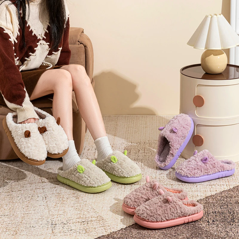 Autumn Winter Cute Fluffy House Slippers Woman Indoor Non Slip Platform Plush Slides Woman Comfy Soft Sole Warm Cotton Shoes